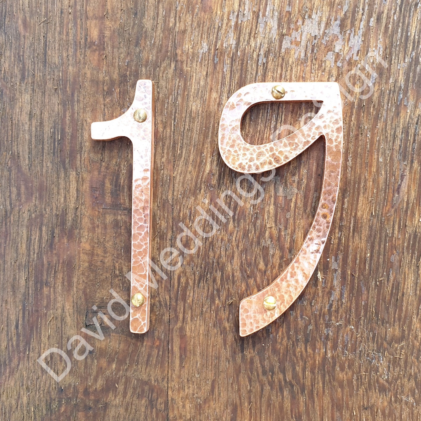 Art Nouveau style Copper numbers hammered, polished, brushed or green, 3"/75mm high Rivanna font