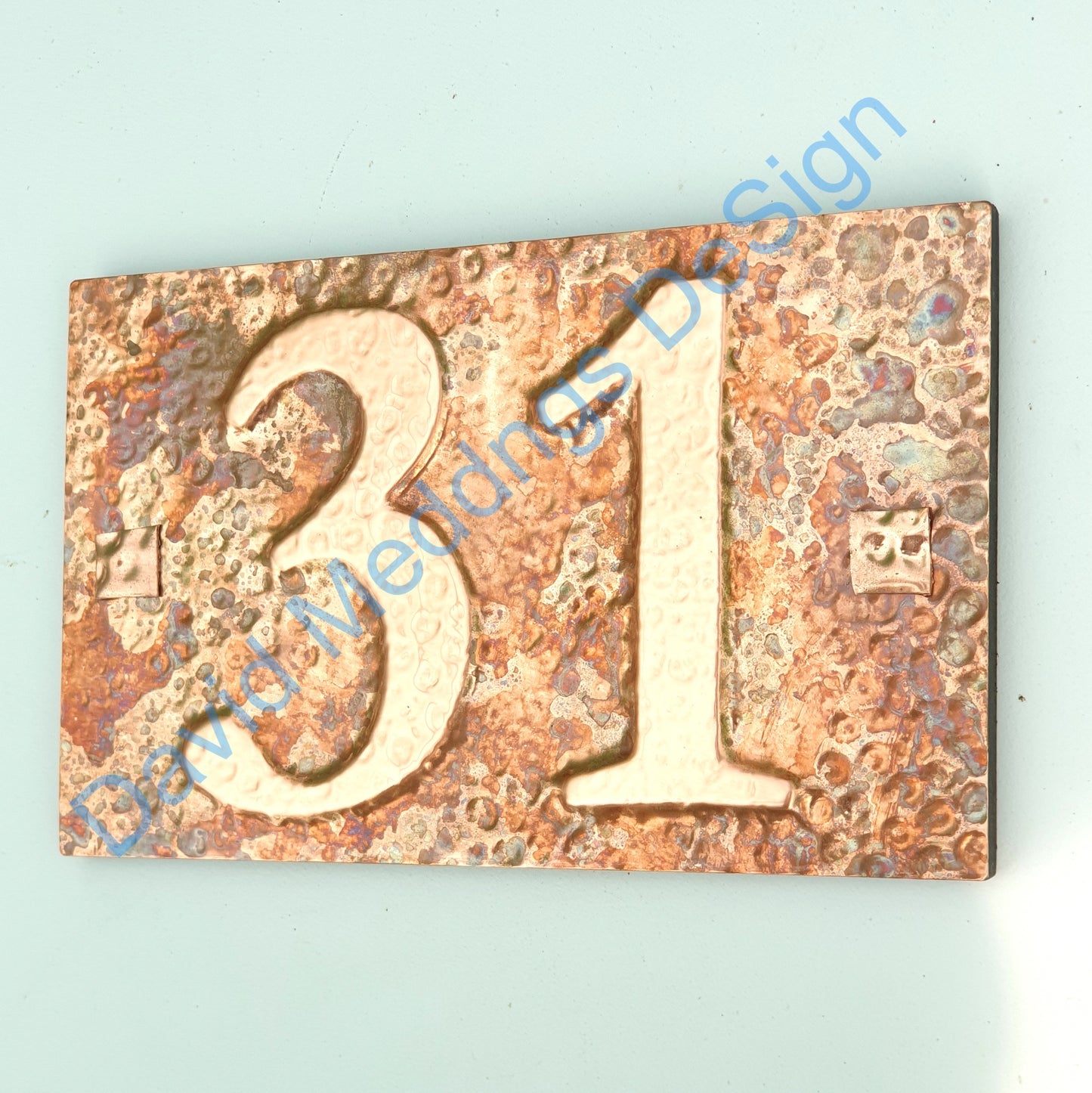 Traditional Copper House plaque on plywood in hammered or patinated finish Garamond, 3"/75mm high numbers amt