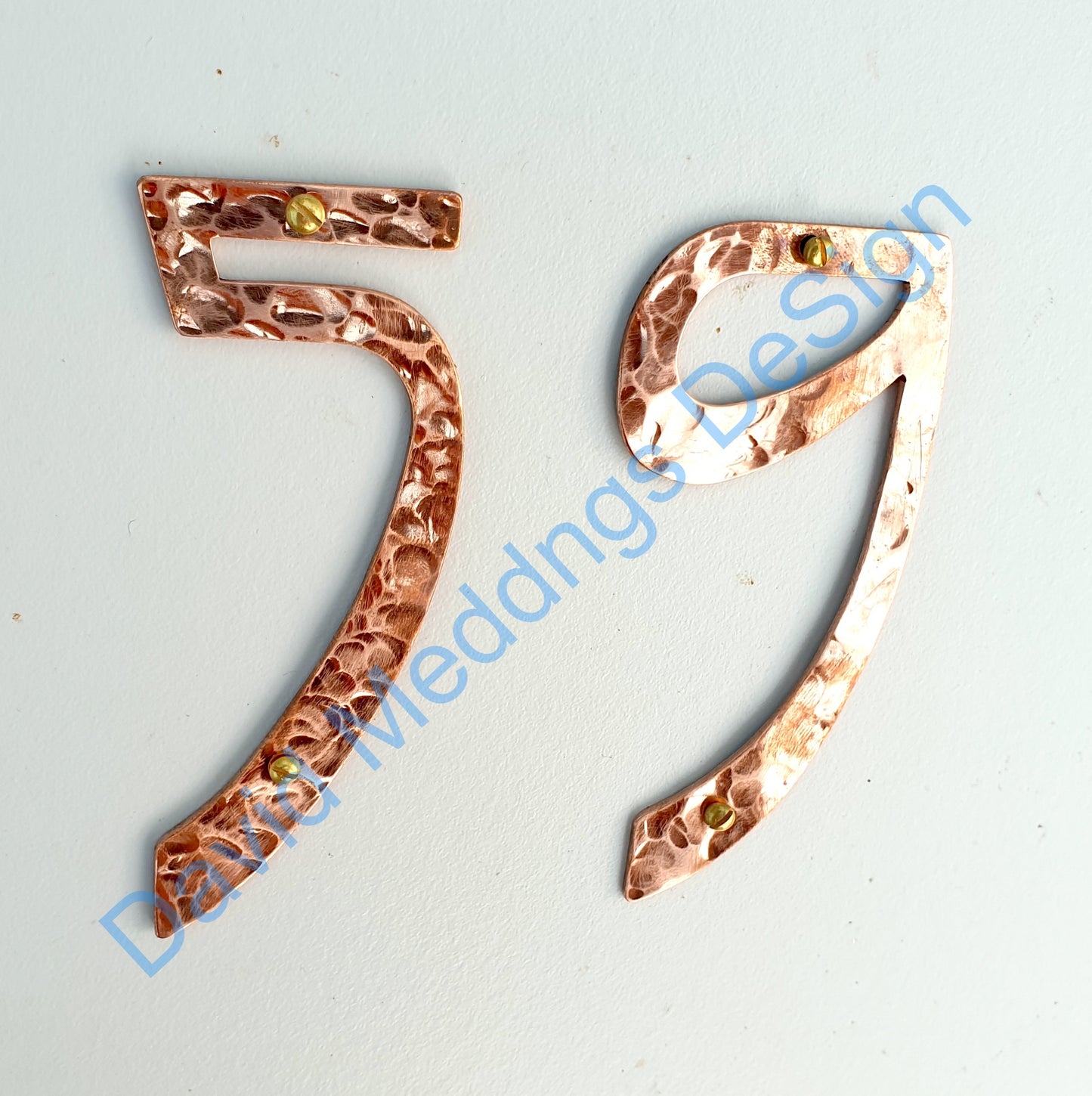 Art Nouveau style Copper numbers hammered, polished, brushed or green, 3"/75mm high Rivanna font
