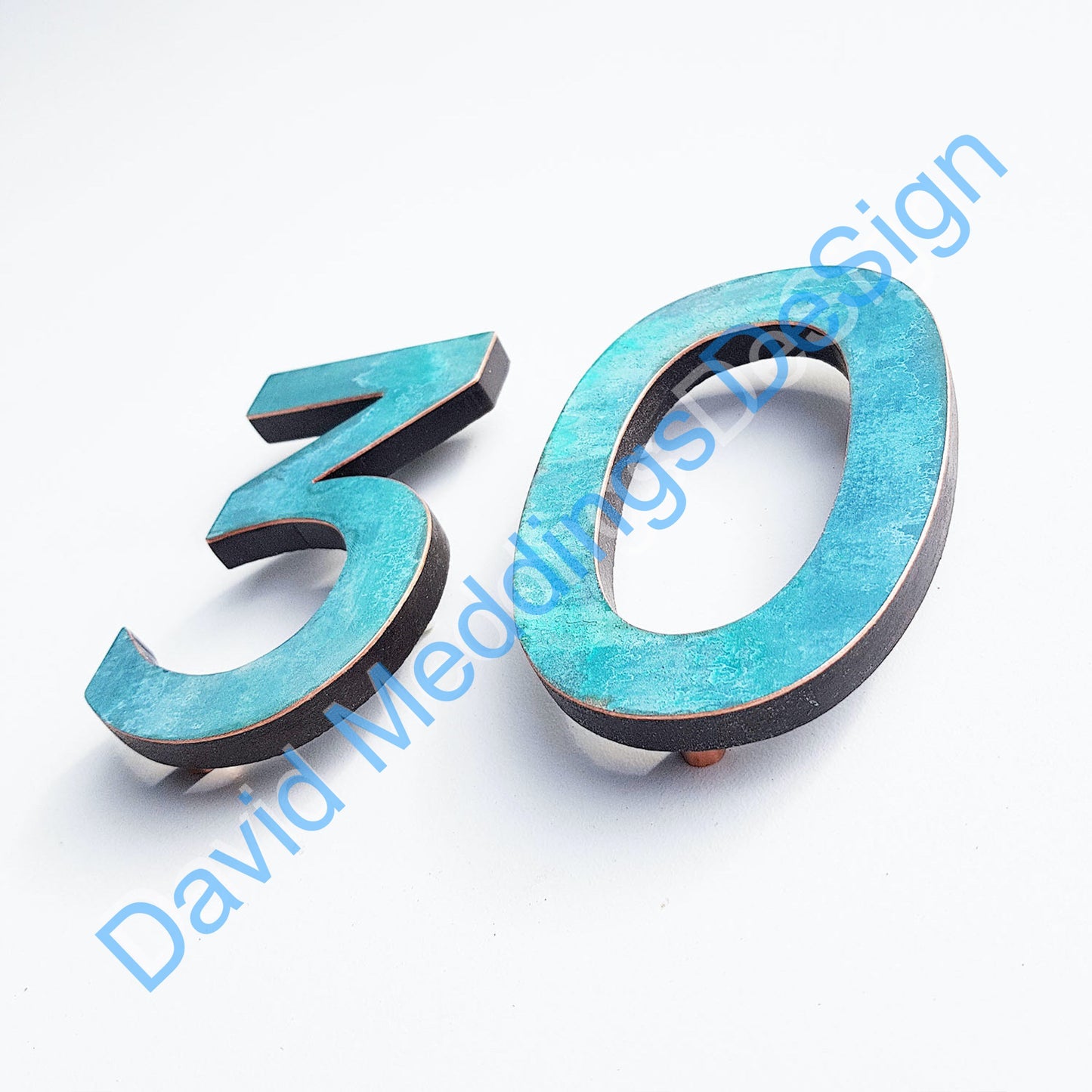 3D Modern Copper House numbers floating in polished, brushed, hammered or patinated finish Antigoni, 4"/100mm high