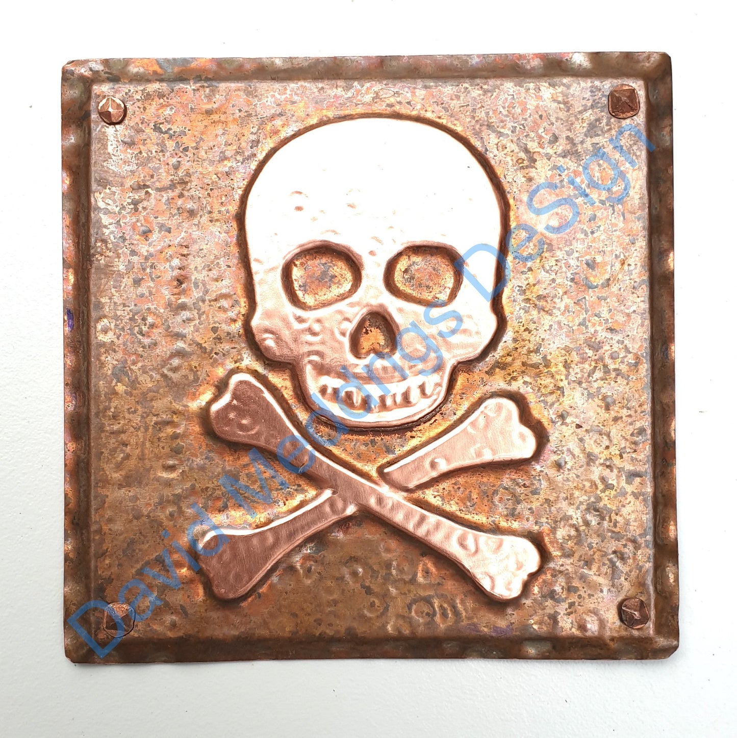 Skull and crossbones halloween pirate green or hammered copper plaque 4.2""/105mm square