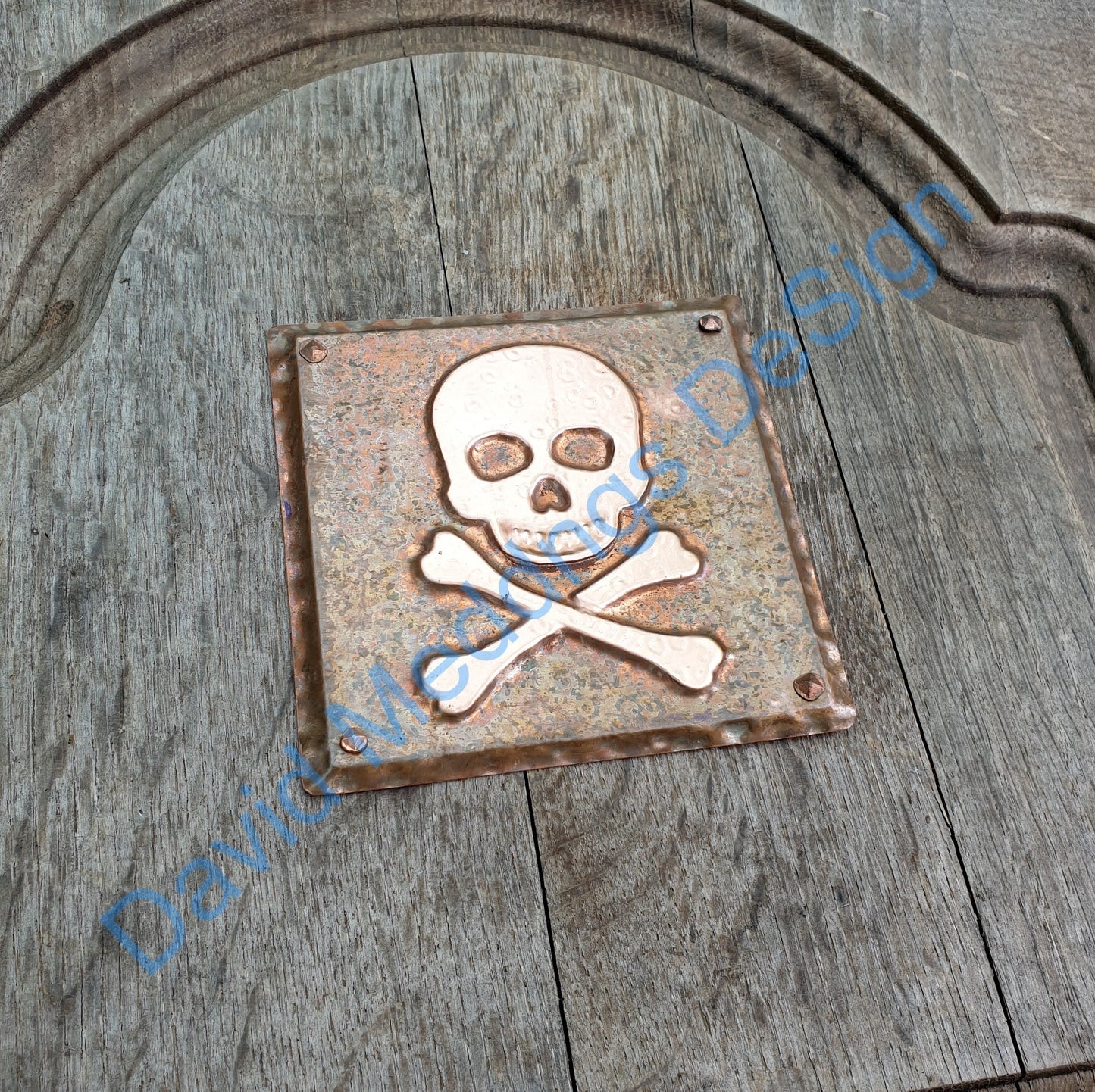 Skull and crossbones halloween pirate green or hammered copper plaque 4.2""/105mm square