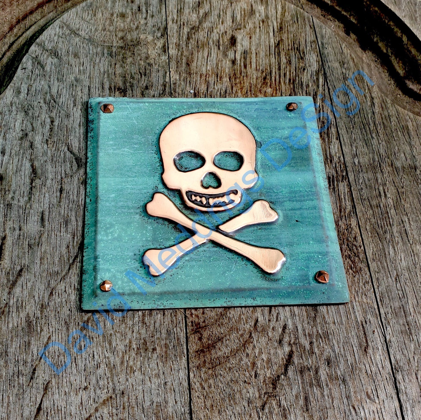 Skull and crossbones halloween pirate green or hammered copper plaque 4.2""/105mm square