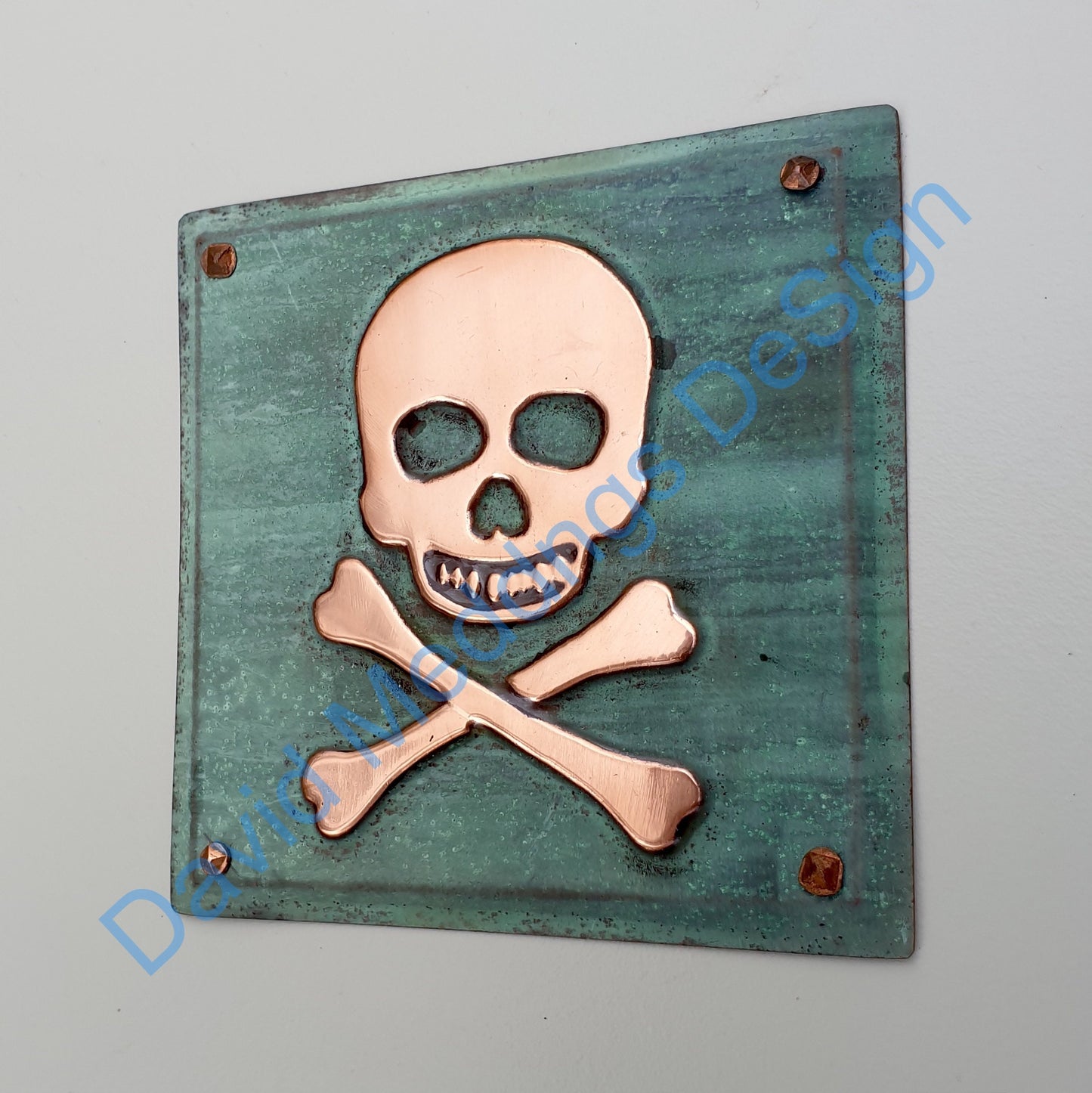 Skull and crossbones halloween pirate green or hammered copper plaque 4.2""/105mm square
