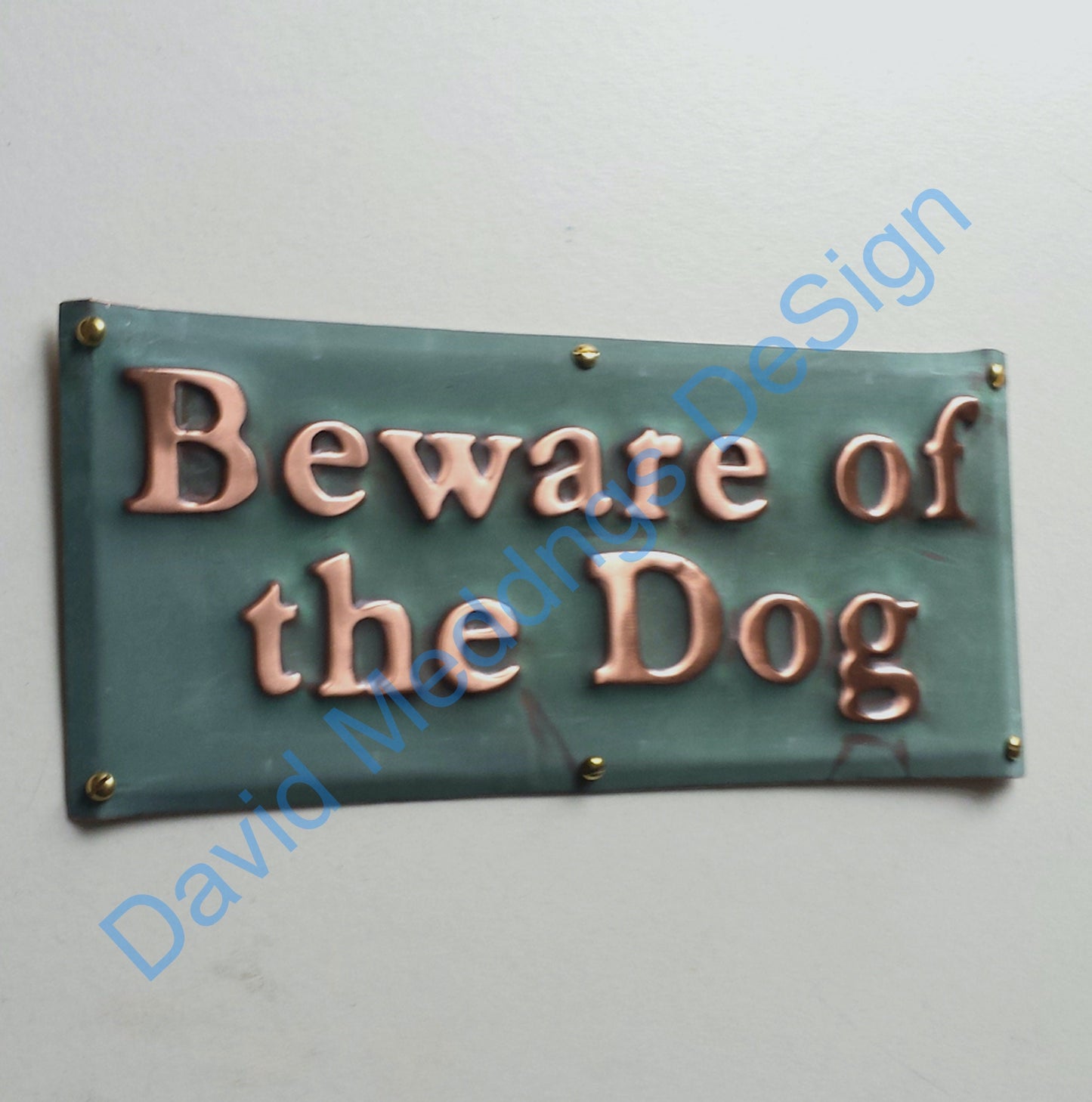 Beware of the Dog sign plaque in hammered or patinated copper - 1" high Garamond font
