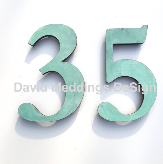 3D Traditional Copper House numbers floating in polished, brushed, hammered or patinated finish Garamond, 6"/150mm high