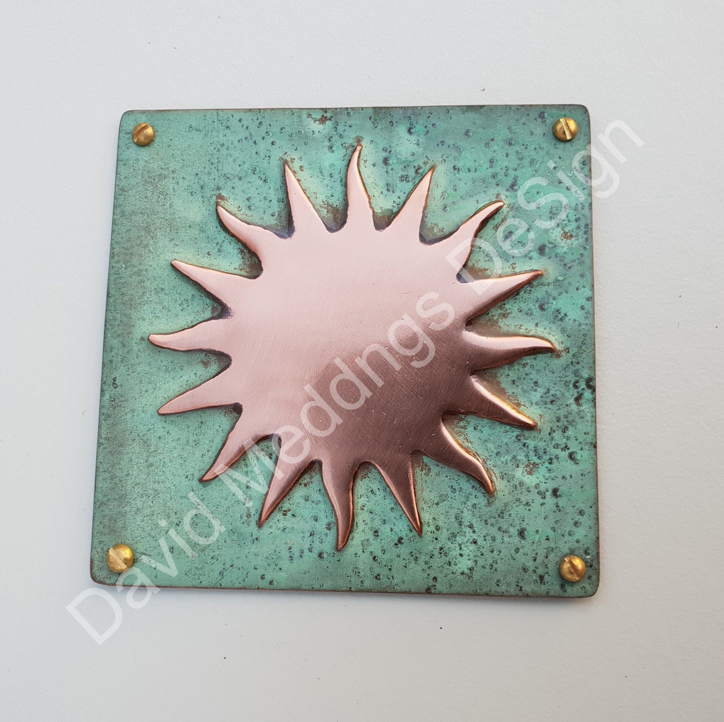 Sun star solar astronomy copper plaque in hammered or green copper 3.25"/82mm square indoor or out tx
