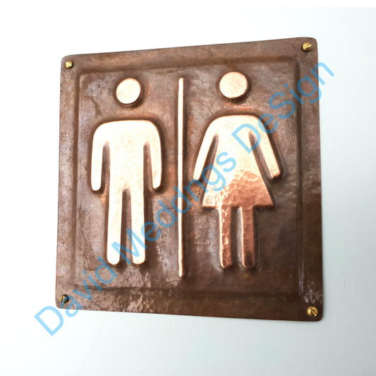 Unisex copper Plaque patinated or hammered toilet lavatory washroom sign  4.2""/105mm square tx