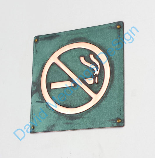 Smoking area sign door Plaque in patinated or hammered copper 4.2""/105mm square tx