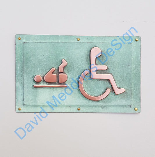 Copper Baby changing and Wheelchair user disabled toilet lavatory sign 4.2"/105mm high in patinated or hammered finish tx