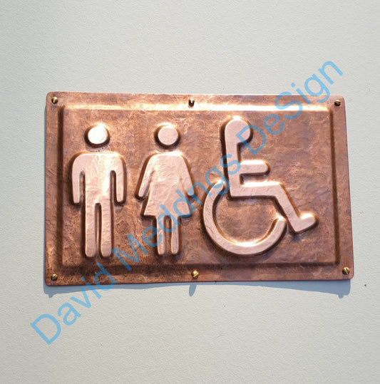 Unisex and Wheelchair user disabled toilet lavatory sign 4.5"/115mm high in hammered or patinated copper tx