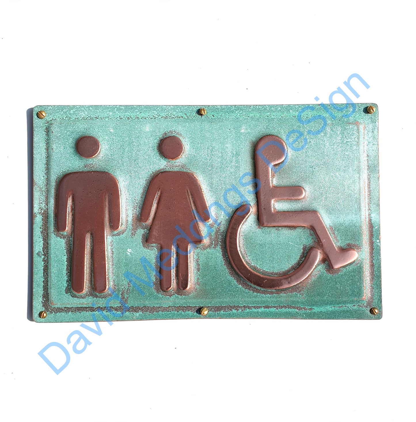 Unisex and Wheelchair user disabled toilet lavatory sign 4.5"/115mm high in hammered or patinated copper tx