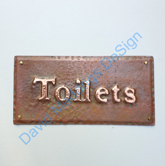 Toilets lavatory washroom copper notice sign Plaque in 1"/25mm high Garamond in hammered or patinated  sheet tx