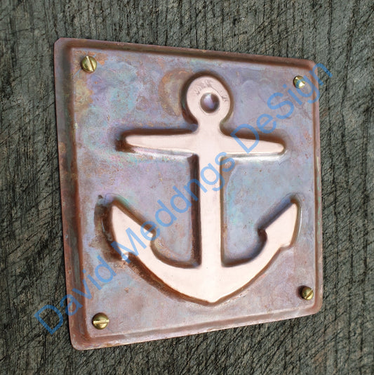 Anchor ship nautical copper sailing  plaque gift, hammered or patinated  3.5 x 3.25"/90x80mm