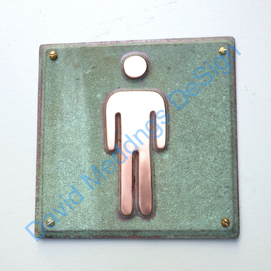 Male room toilet copper bathroom sign door plaque 4.2""/105mm square in patinated or hammered metal tx