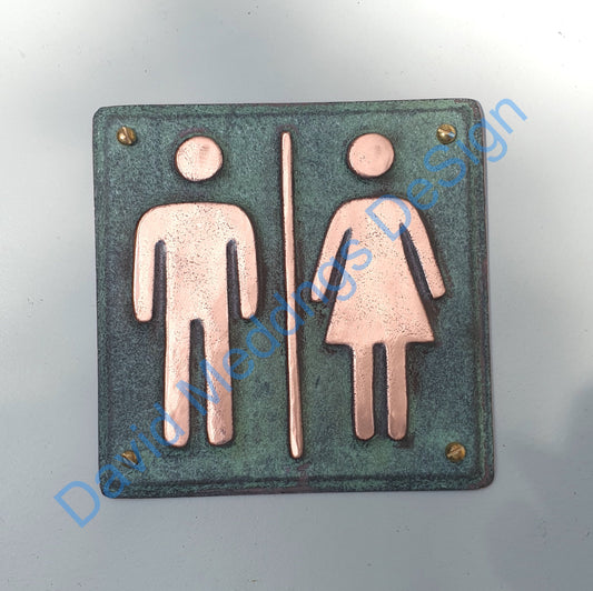 Unisex copper Plaque patinated or hammered toilet lavatory washroom sign  4.2""/105mm square tx