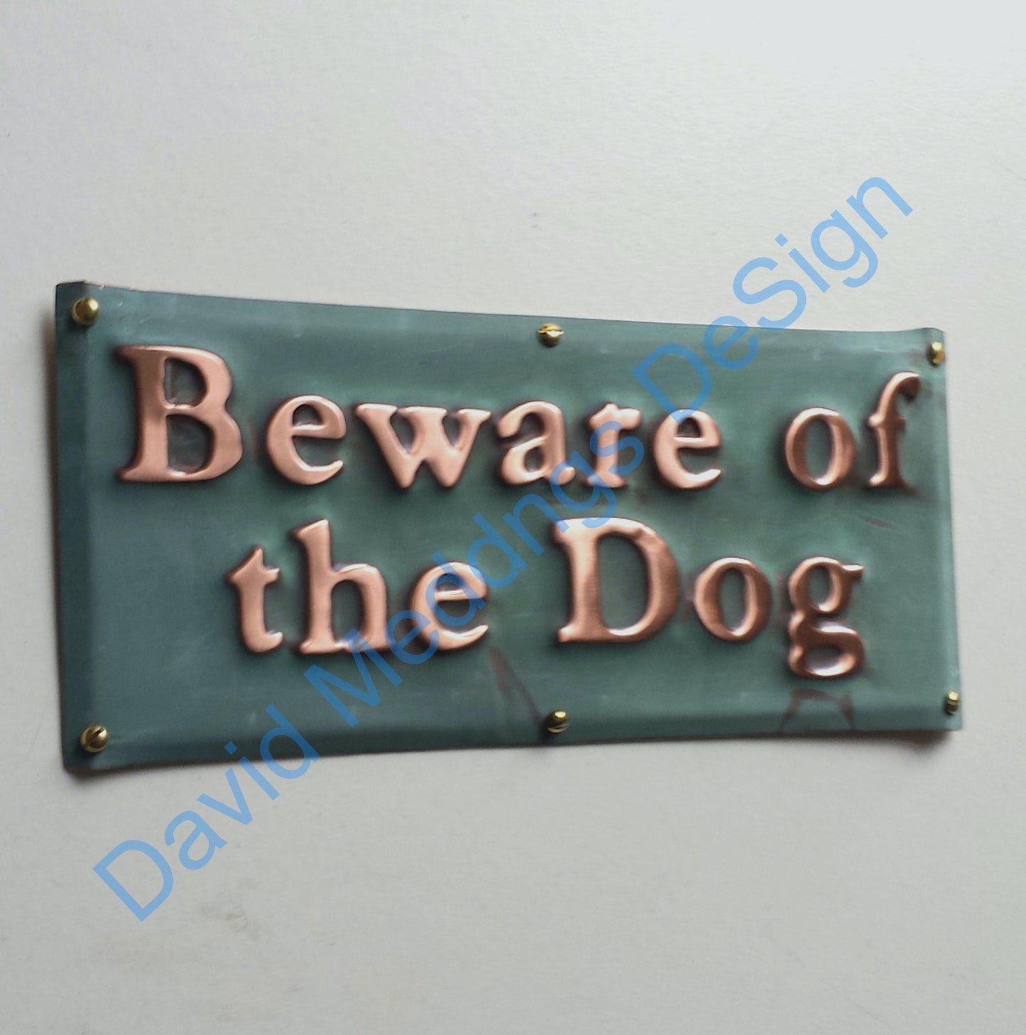 Beware of the Dog sign plaque in hammered or patinated copper -  1" high Garamond font