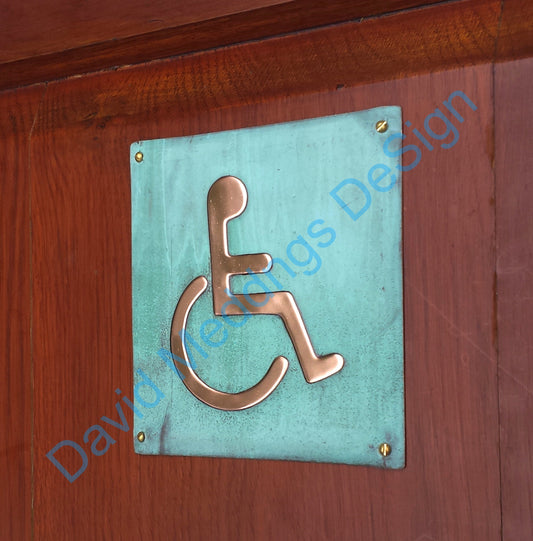 Wheelchair user disabled toilet lavatory sign door Plaque 4.2""/105mm square in patinated or hammered copper with fixings tx
