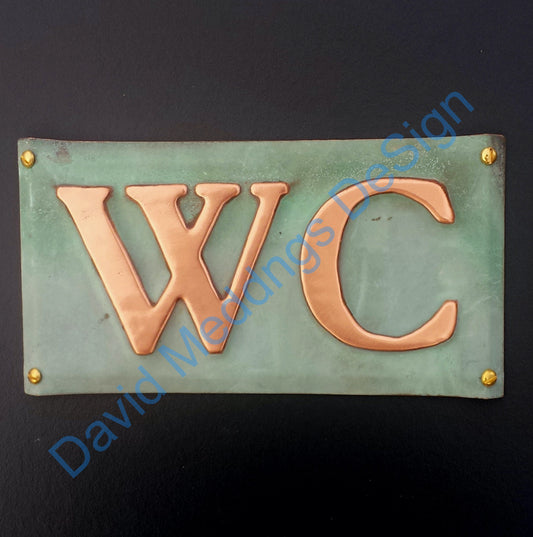 Copper door plaque WC toilet lavatory sign  in 2"/50mm high Garamond in patinated or hammered finish tx