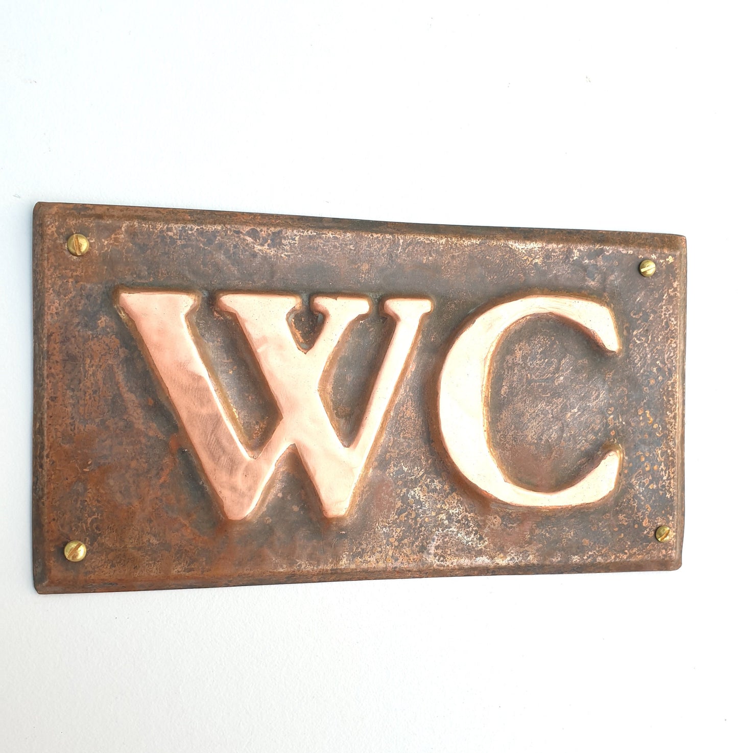Copper door plaque WC toilet lavatory sign  in 2"/50mm high Garamond in patinated or hammered finish tx